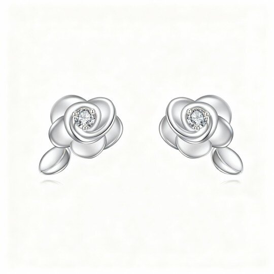 10K White Gold Round Cut Moissanite Rose Stud Earrings