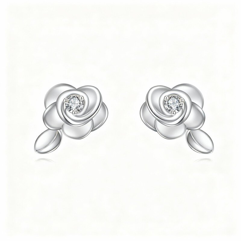 10K White Gold Round Cut Moissanite Rose Stud Earrings-1