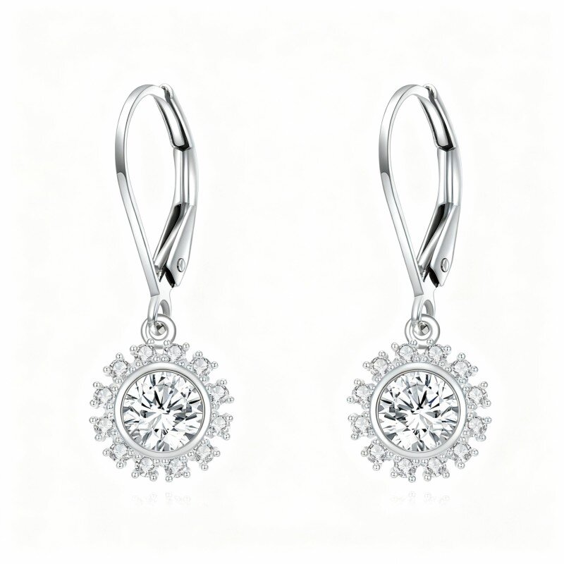 Pendientes de oro blanco de 10 quilates con moissanita de talla redonda y cierre de palanca en forma de sol-1