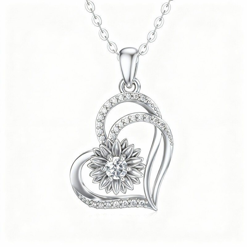 Collana con ciondolo a forma di cuore, girasole e moissanite taglio rotondo in oro bianco 10 carati-5