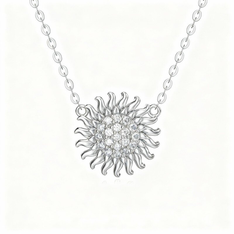 Colar com pendente girassol em ouro branco 10K com moissanita de corte redondo-15