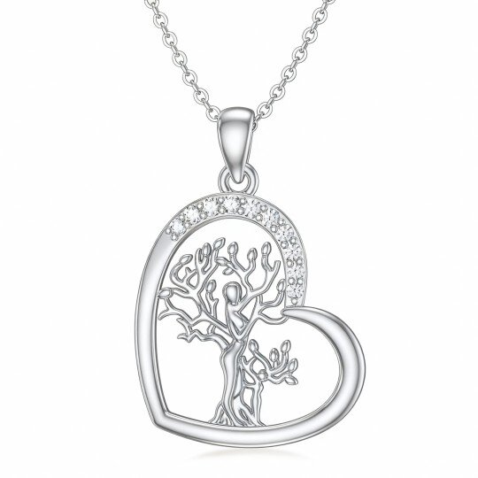Colar com pendente Árvore da Vida e Mãe e Filha em ouro branco de 10 quilates com moissanita de corte redondo
