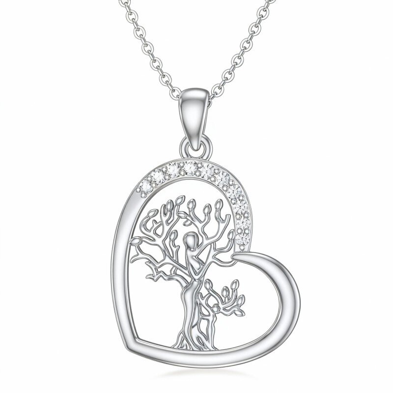 Colar com pendente Árvore da Vida e Mãe e Filha em ouro branco de 10 quilates com moissanita de corte redondo-1