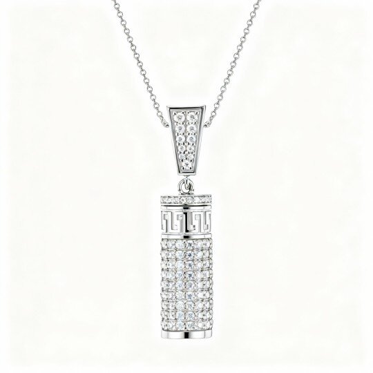 Colar com pendente de urna em ouro branco de 10 quilates com moissanita de corte redondo para cinzas.