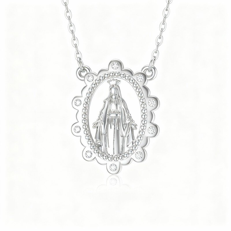 10K White Gold Round Cut Moissanite Virgin Mary Pendant Necklace-14