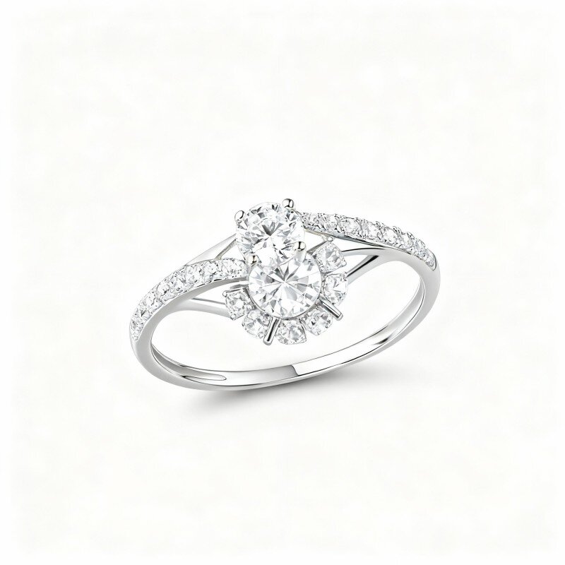 Aliança de casamento em ouro branco 10K com moissanita de corte redondo-17