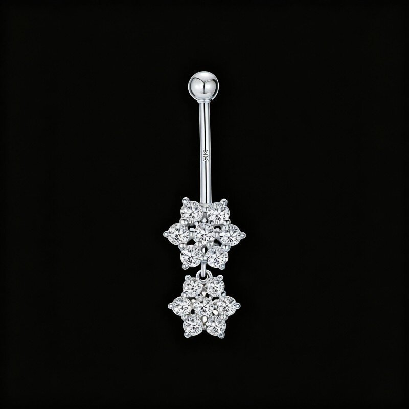 Piercing para umbigo em ouro branco 10K com moissanita de corte redondo e flores silvestres-3