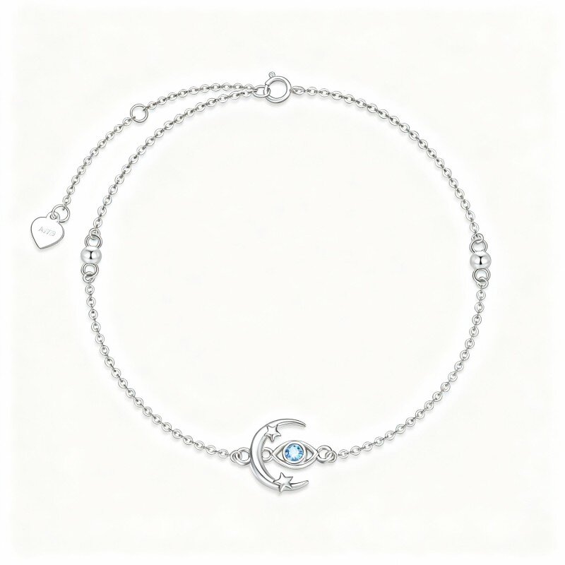 9K White Gold Round Cut Cubic Zirconia Moon Bead Station Chain Bracelet-1