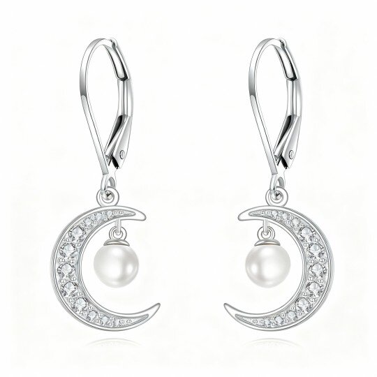Pendientes de oro blanco de 10 quilates con circonitas cúbicas de talla redonda y cierre de palanca en forma de luna