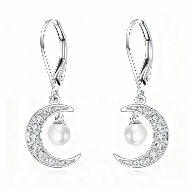 Brincos Lua com fecho de alavanca em ouro branco de 10 quilates com zircónia cúbica de corte redondo.-12