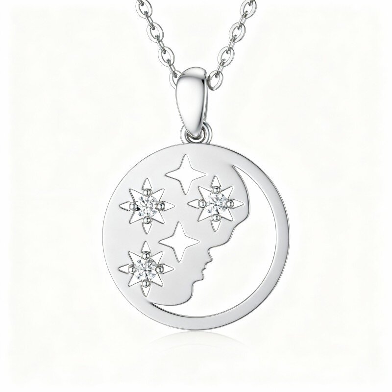 Colar com pendente de lua em ouro branco de 10 quilates com zircónia cúbica de corte redondo-20