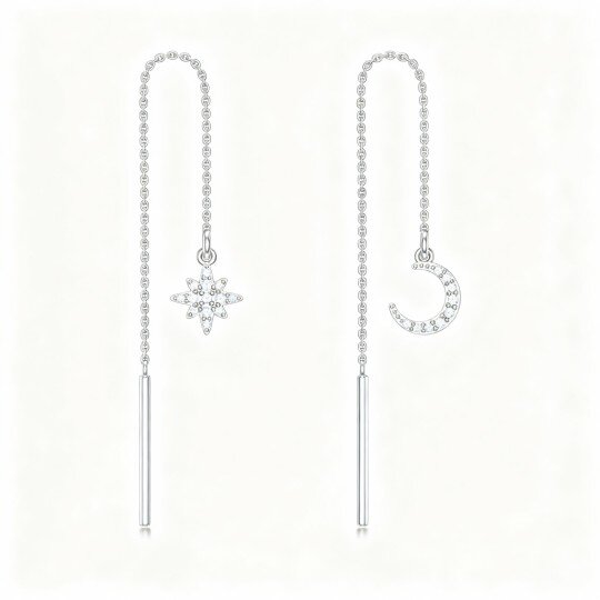 Pendientes colgantes de luna y estrella con circonitas cúbicas de talla redonda en oro blanco de 10 quilates
