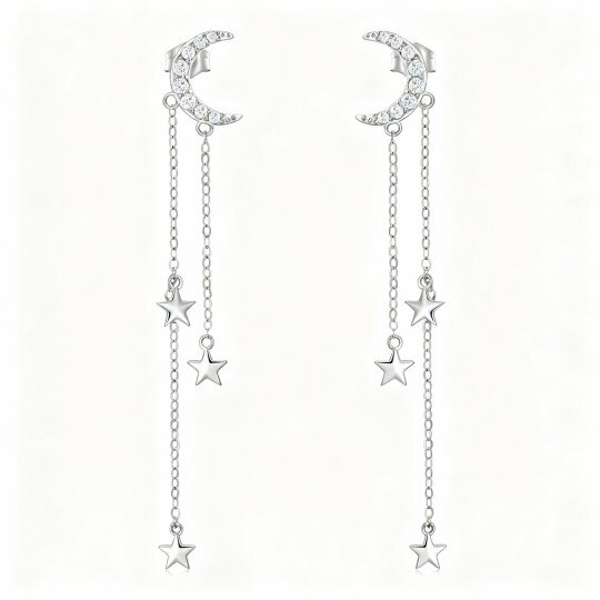 10K White Gold Round Cut Cubic Zirconia Moon & Star Drop Earrings