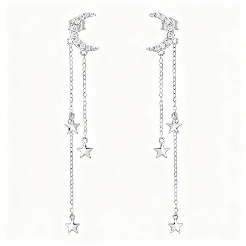 Brincos em ouro branco 10K com zircónias cúbicas de corte redondo em forma de lua e estrela.-3