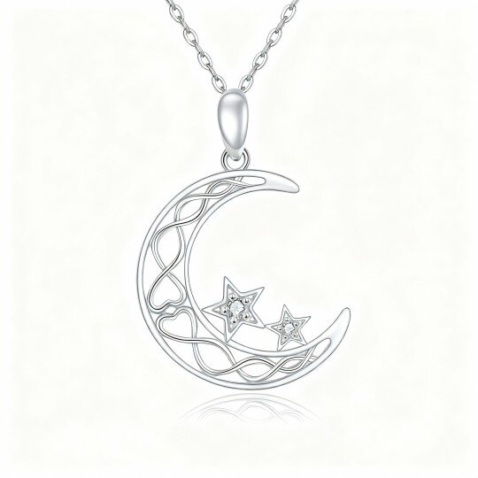 Colar com pendente de lua e estrela em ouro branco de 10 quilates com zircónias cúbicas de corte redondo