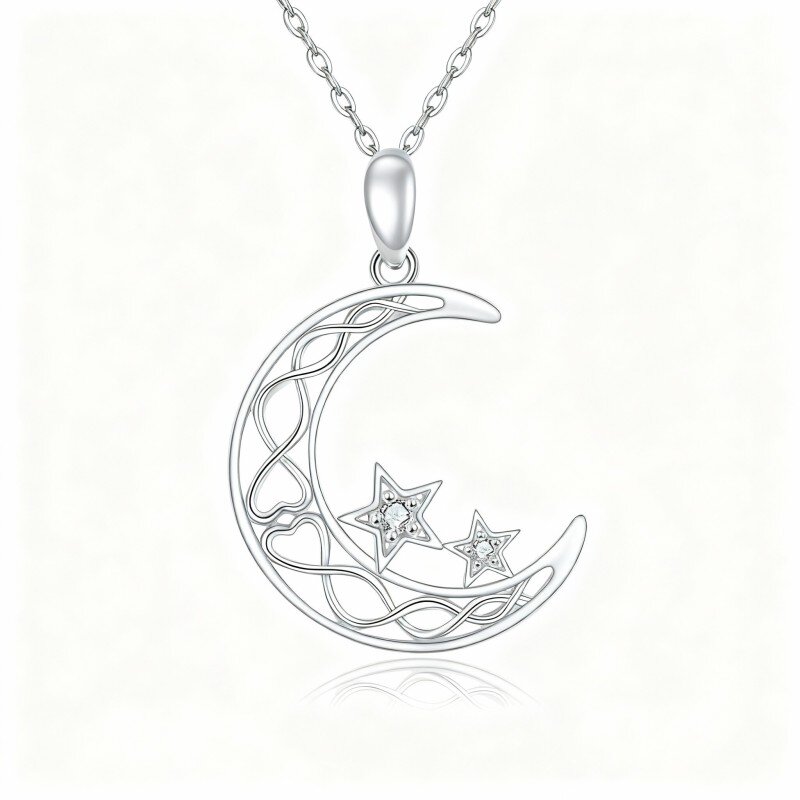 Colar com pendente de lua e estrela em ouro branco de 10 quilates com zircónias cúbicas de corte redondo-12