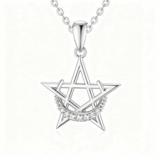Colar com pendente de lua e estrela em ouro branco de 10 quilates com zircónias cúbicas de corte redondo
