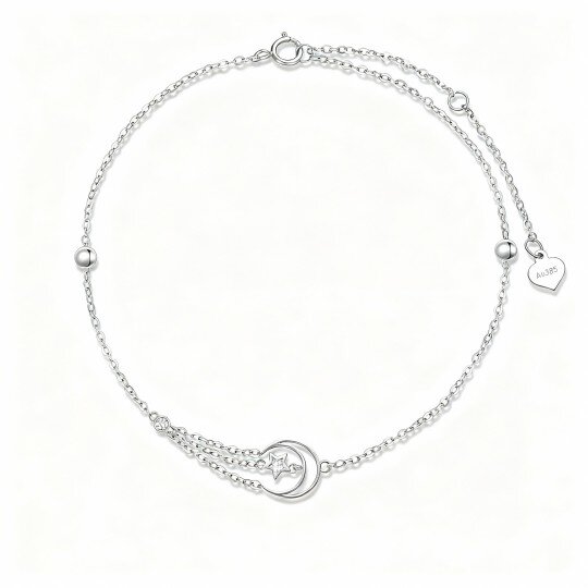 Tornozeleira de camada única com pendente de lua e estrela em ouro branco de 10 quilates com zircónia cúbica de corte redondo