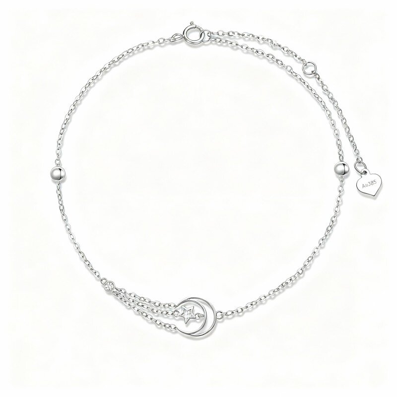 10K White Gold Round Cut Cubic Zirconia Moon & Star Single Layer Charm Anklet-1