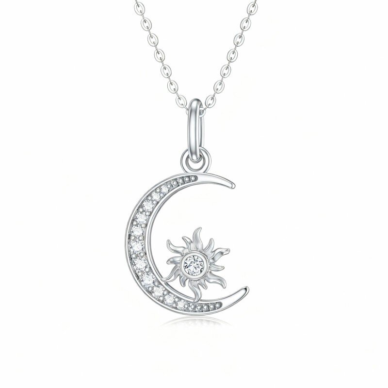 10K White Gold Round Cut Cubic Zirconia Moon & Sun Pendant Necklace-5