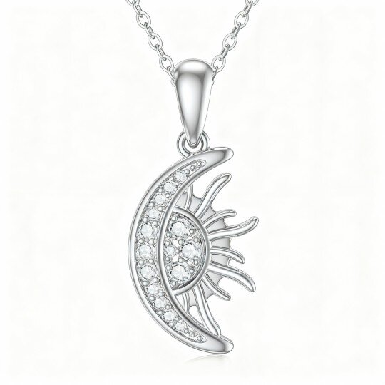 10K White Gold Round Cut Cubic Zirconia Moon & Sun Pendant Necklace