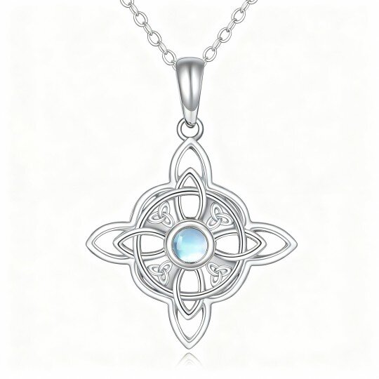 Colar com pendente de pedra da lua redonda em ouro branco 10K com nós celtas e nós de bruxa