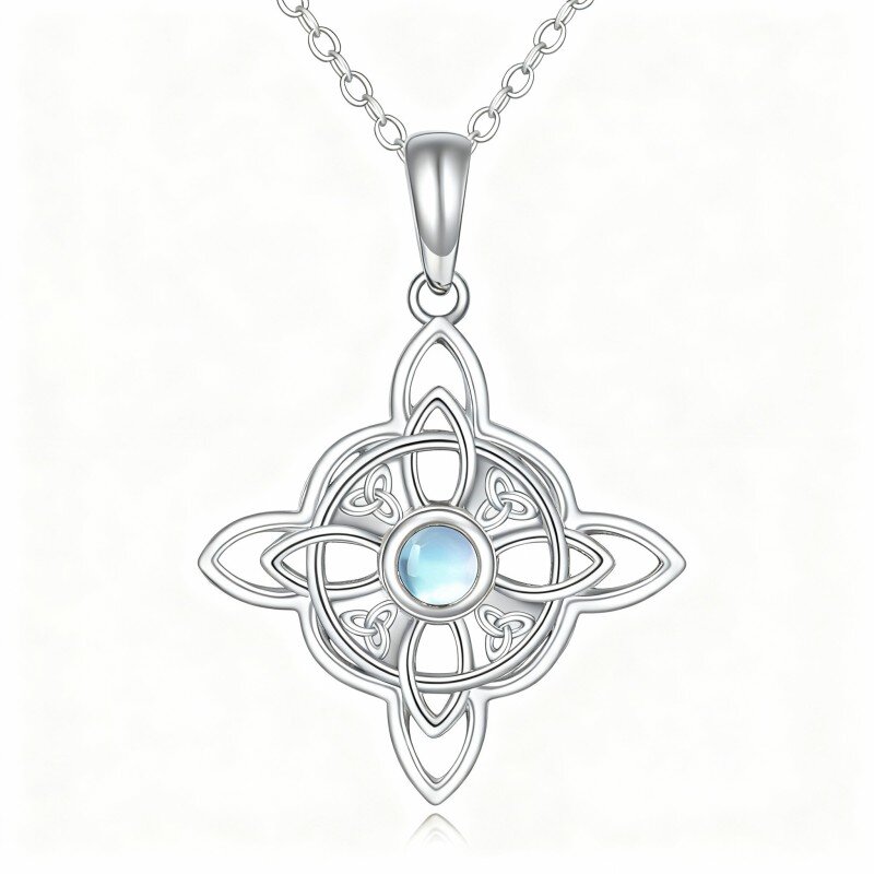Collana con ciondolo in oro bianco 10K con nodo celtico e nodo della strega in pietra di luna a taglio rotondo-17