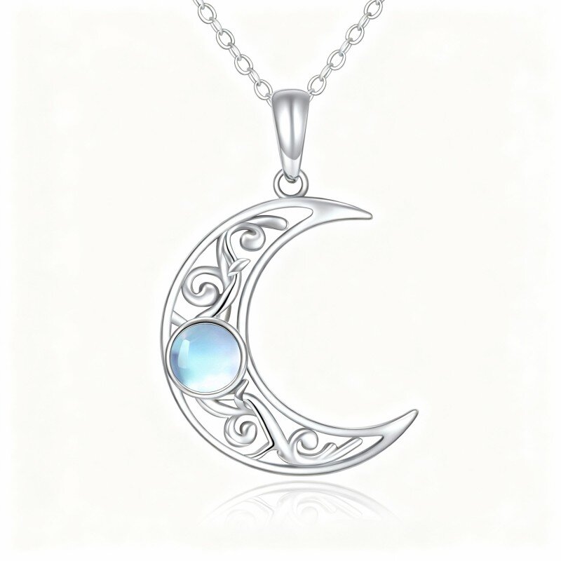 10K White Gold Round Cut Moonstone Moon Pendant Necklace-12