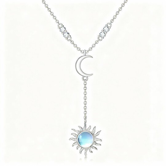10K White Gold Round Cut Moonstone Moon & Sun Adjustable Y Necklace