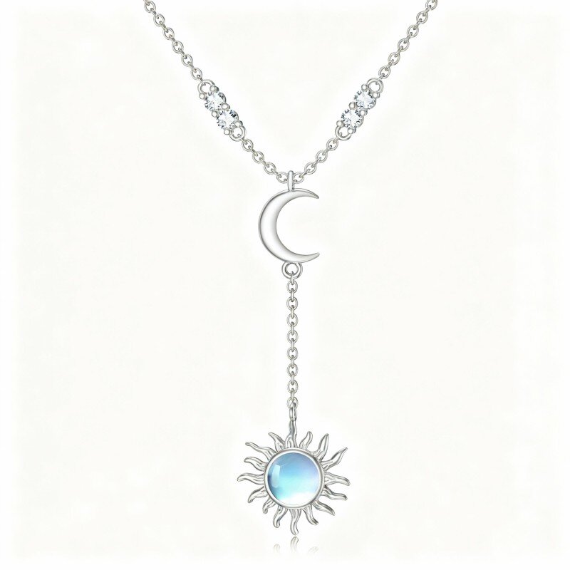 10K White Gold Round Cut Moonstone Moon & Sun Adjustable Y Necklace-1