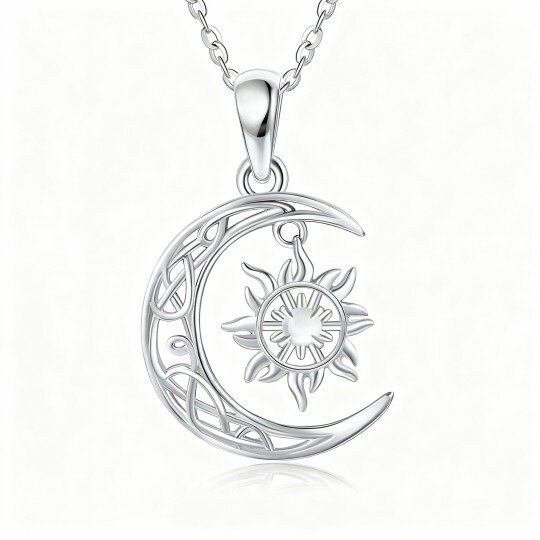 Colar com pendente de lua e sol em ouro branco 10K com pedra da lua de corte redondo