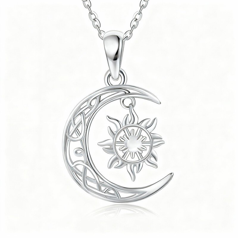 Colar com pendente de lua e sol em ouro branco 10K com pedra da lua de corte redondo-10