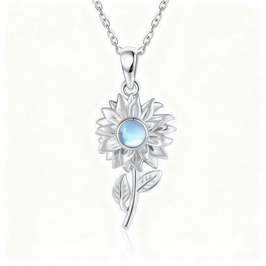 Colar com pendente girassol em ouro branco 10K com pedra da lua lapidada redonda