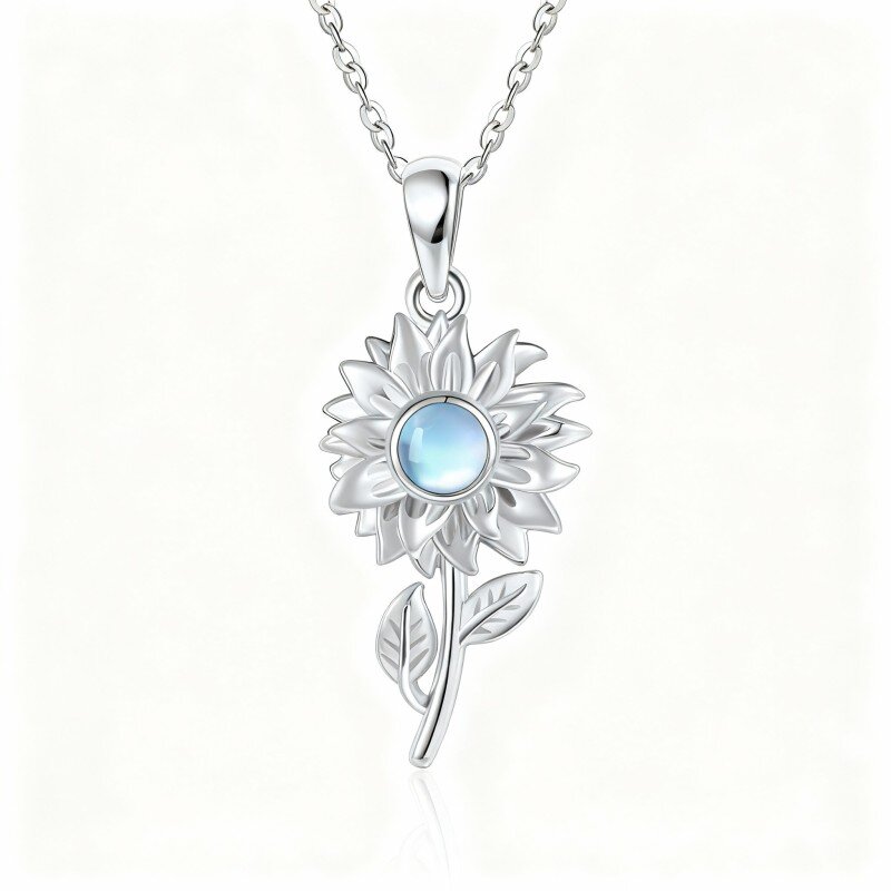 Colar com pendente girassol em ouro branco 10K com pedra da lua lapidada redonda-18