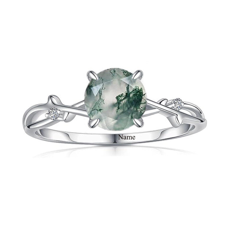 プラチナにホワイトゴールドメッキを施したラウンドカットのモスアゲートのパーソナライズされたクラシックなネームリング-1