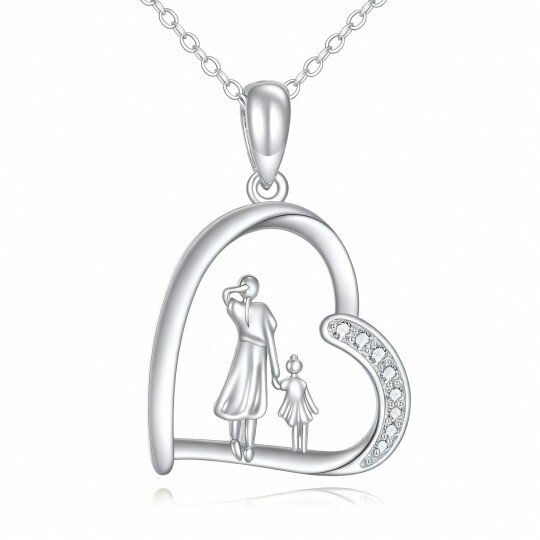 Colar com pendente de coração e zircónias cúbicas de corte redondo em ouro branco 10K, representando mãe e filha.