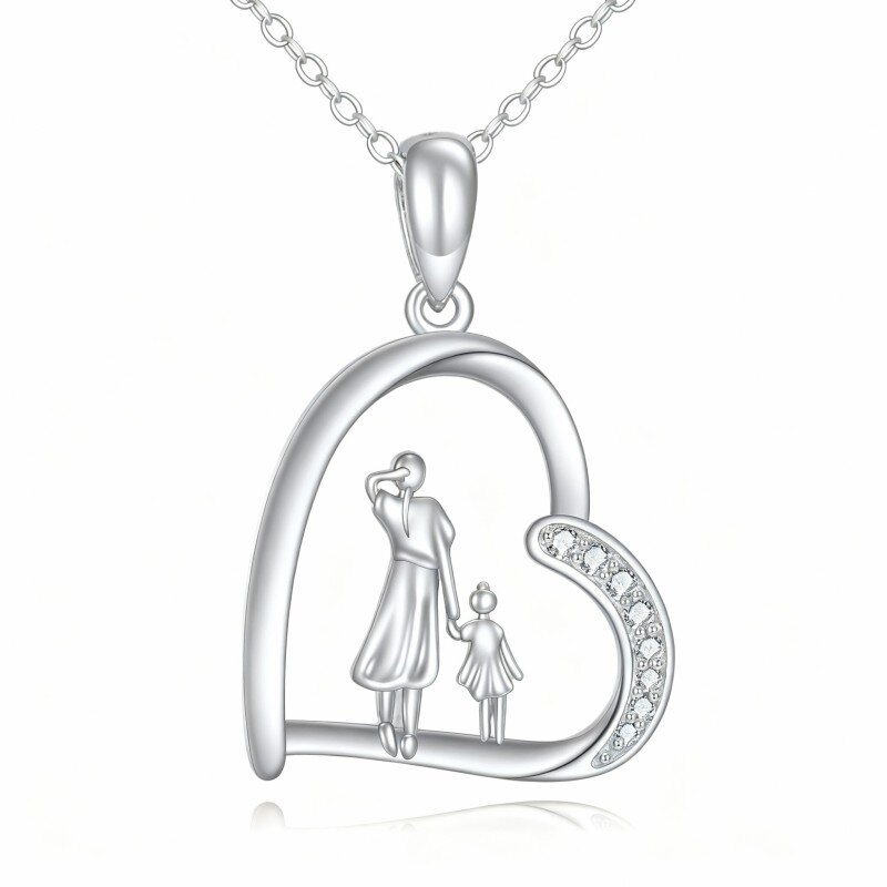 قلادة من الذهب الأبيض عيار 10 قيراط مرصعة بزركونيا مكعبة بقطع دائري على شكل قلب للأم والابنة-1