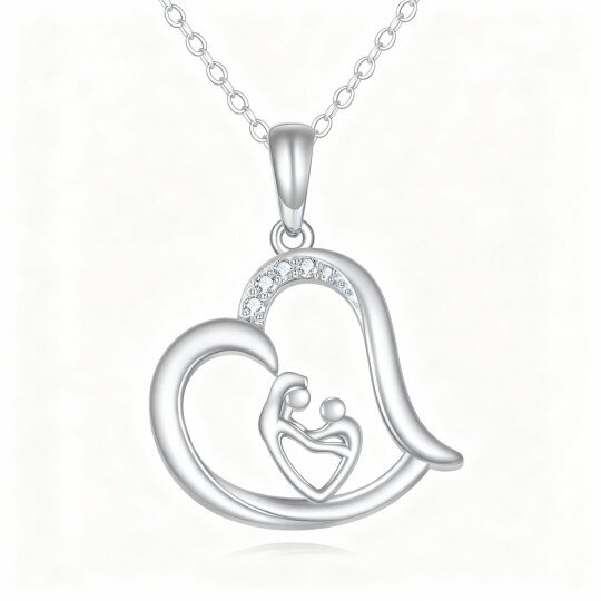10K White Gold Round Cut Cubic Zirconia Mother & Daughter & Heart Pendant Necklace