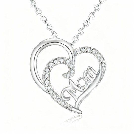 10K White Gold Round Cut Cubic Zirconia Mother & Heart Pendant Necklace