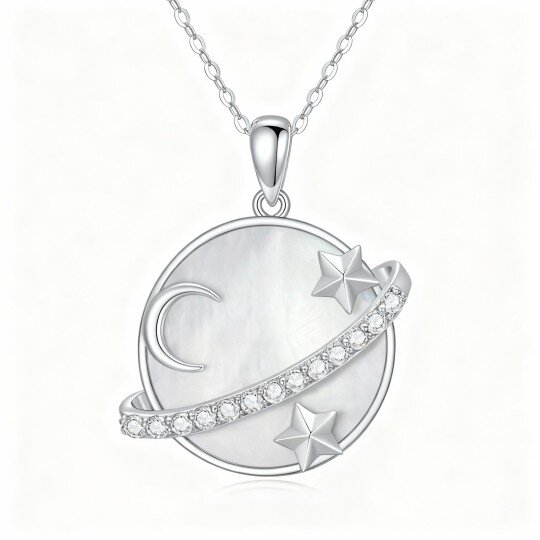 10K White Gold Round Cut Mother Of Pearl Moon & Planet & Star Pendant Necklace
