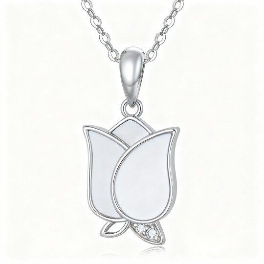 10K White Gold Round Cut Cubic Zirconia & Mother Of Pearl Rose Pendant Necklace