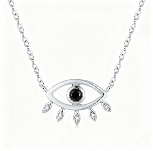 Colar com Pendente Olho Grego em Ouro Branco 10K com Obsidiana Lapidada Redonda