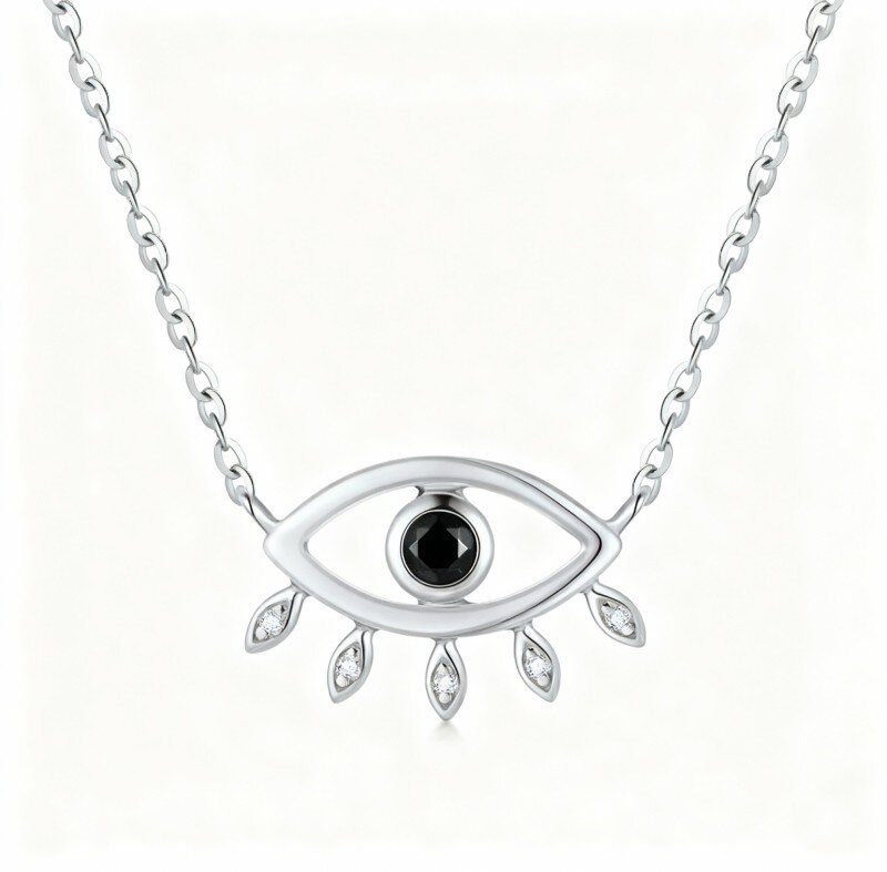 Naszyjnik z wisiorkiem z białego złota 10K z okrągłym szlifem obsydianu i złym okiem-6