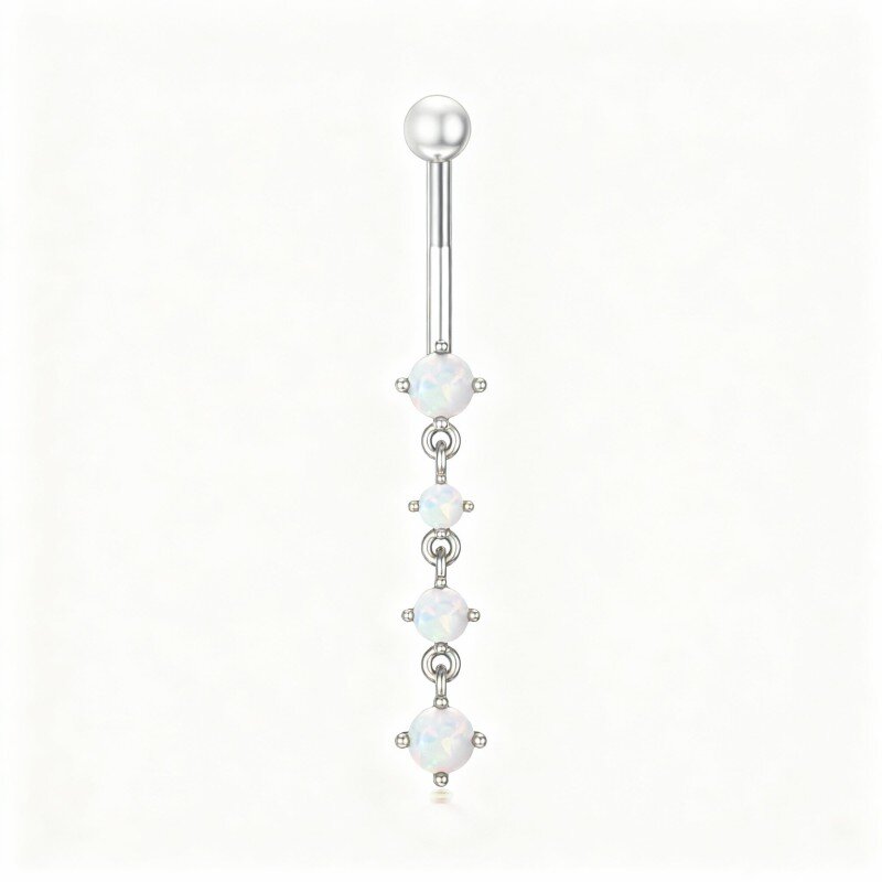 10K White Gold Round Cut Opal Belly Button Ring-1