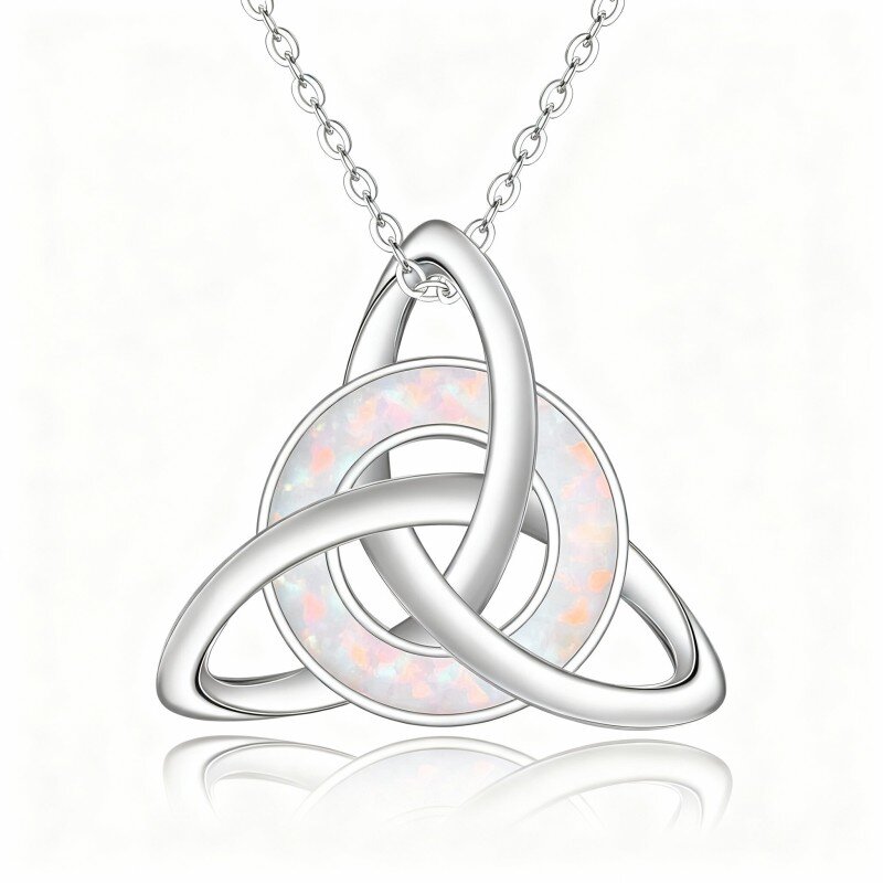 10K White Gold Round Cut Opal Celtic Knot Pendant Necklace-5