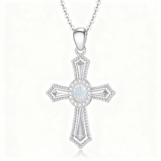 Collier pendentif croix en or blanc 10 carats avec opale taille ronde