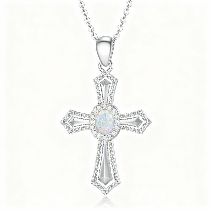 10K White Gold Round Cut Opal Cross Pendant Necklace-9
