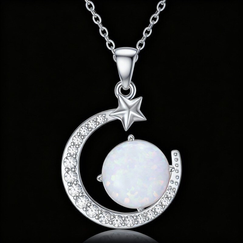 Collana con ciondolo a forma di luna e pentagramma in oro bianco 10K con zirconi cubici taglio rotondo e opale-13