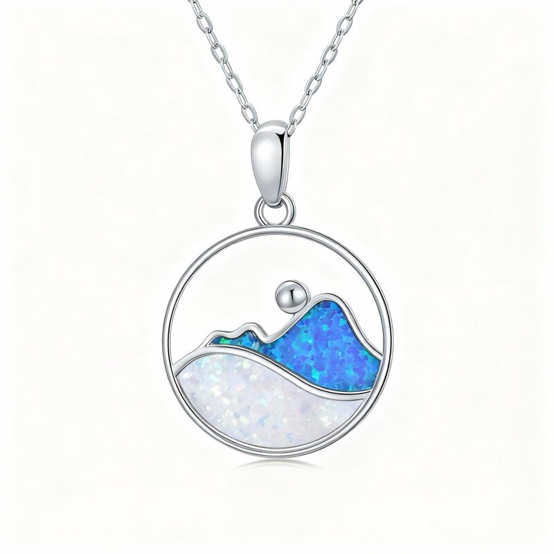 10K White Gold Round Cut Opal Mountains Pendant Necklace-15