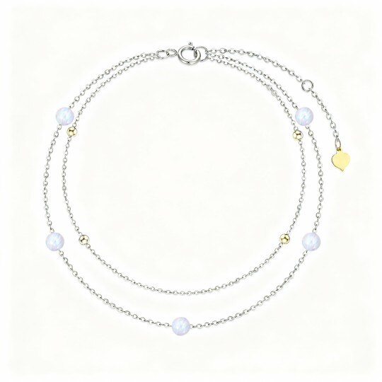 10Kホワイトゴールド ラウンドカットオパール マルチレイヤーチャームアンクレット